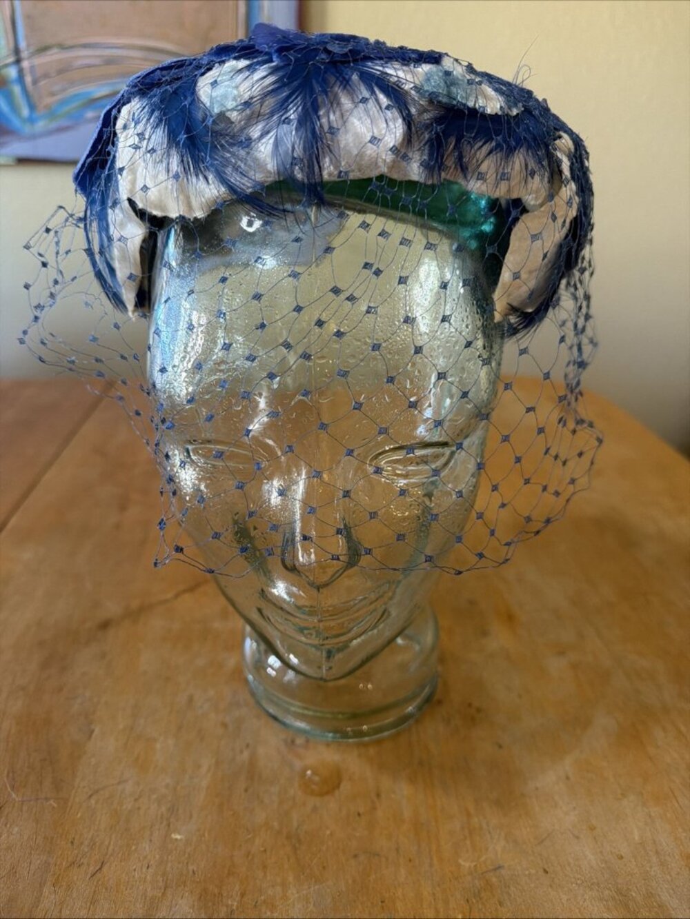 Vintage 1950s Bright Blue Feather Velvet Bow Headpiece Fascinator Wedding